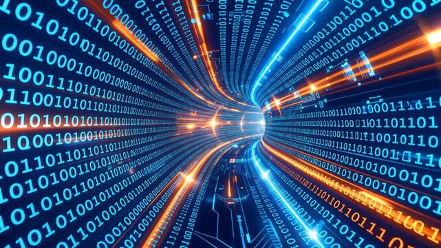 Connectivity tunnel with glowing numbers and circuit board patterns. Seamless loop