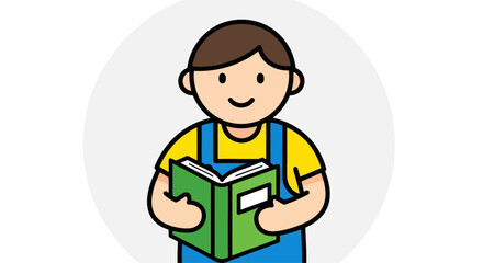 Boy reading a book with a smile.