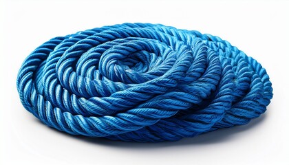 thick blue twisted rope coiled in a spiral shape isolated on white background