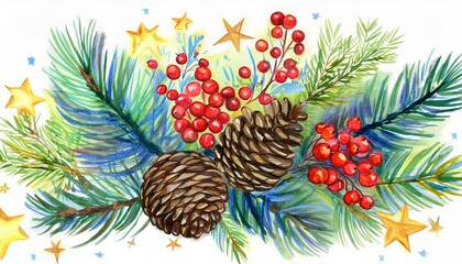 watercolour bright coloured bouquet composition of pine branches with rowan berries pinecones and golden stars on bright white background