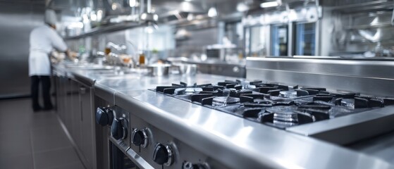 The commercial stainless steel range in a modern professional restaurant kitchen