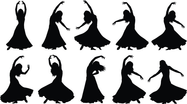 Elegant female dancer silhouette collection of flowing dress dance poses isolated on white background vector illustration for creative design projects