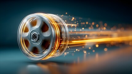 Dynamic car wheel spinning at high speed with motion blur and glowing light trails