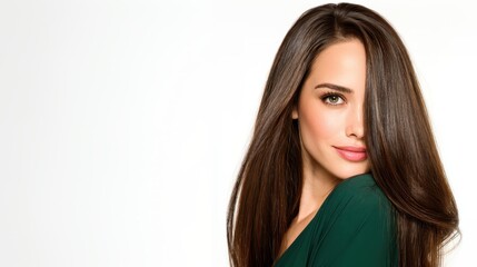 Naklejka premium Beautiful young woman with long. Healthy. Shiny brown hair over her shoulder. Looking at camera after professional hair care treatment. Presenting beauty