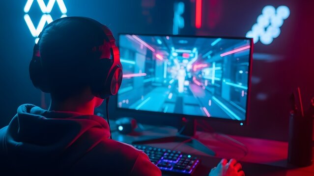 Professional gamer playing a video game in a neon room. Esports competition and gaming lifestyle. Man wearing headphones sitting in front of a computer screen with blue light