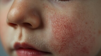 Fototapeta premium Child suffering from eczema on cheek, showing red, dry, and irritated skin, indicating a common childhood skin condition requiring dermatological care and treatment