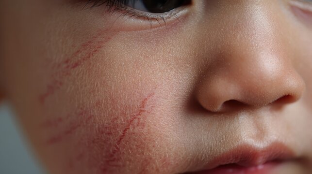 Young child experiencing skin irritation and visible red marks on a delicate cheek, showing symptoms of dermographism or an allergic reaction, close up on a sensitive face
