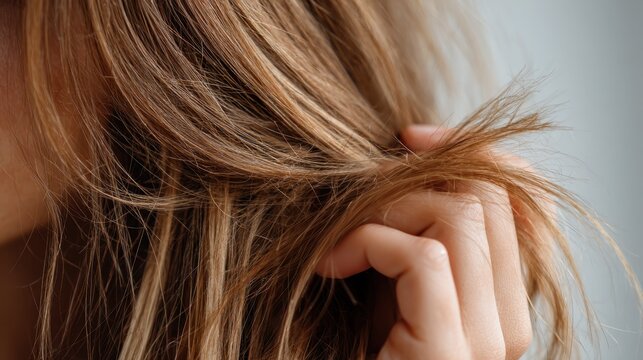 Woman's hand pulling light brown hair to show visible split ends and damaged strands, highlighting the need for hair care, treatment, and repair