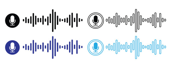 Microphone with sound wave icon, Microphone icon with sound waves, Soundwave, social media message, voice assistant, audio waves, and frequency symbols for music player