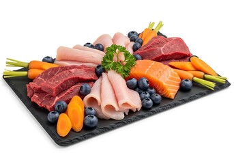 Fresh raw dog food ingredients on slate plate, healthy natural raw dog food diet with meat and vegetables, isolated raw dog food nutrition concept.