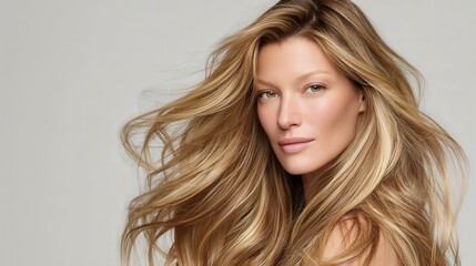 Woman with natural beauty and radiant skin posing for a portrait, her long, flowing blonde hair moving dynamically, symbolizing health, vitality, and natural elegance
