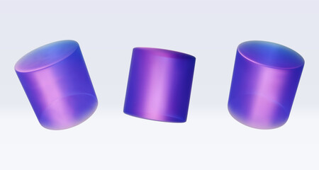 Set 3d iridescent hologram cylinder, barrel. Render geometry figure in purple, pink, blue colors. Vector illustration isolated on white for design projects, product display, presentation, adv