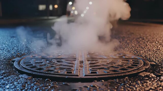 manhole steam close-up. Close-up of steam curling upward from a manhole cover, softly lit against the dark nighttime street.