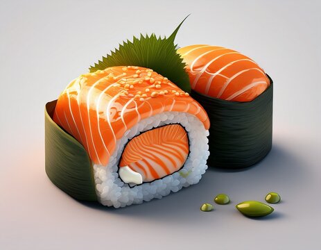 3d rendered salmon sushi roll fresh delicious japanese cuisine appetizer detailed macro view white background - Powered by Adobe