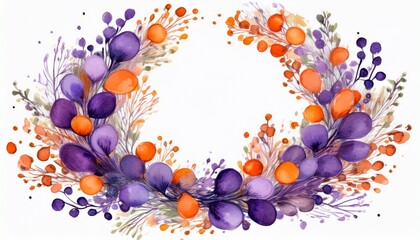 abstract watercolor wreath with purple and orange dots isolated on white background