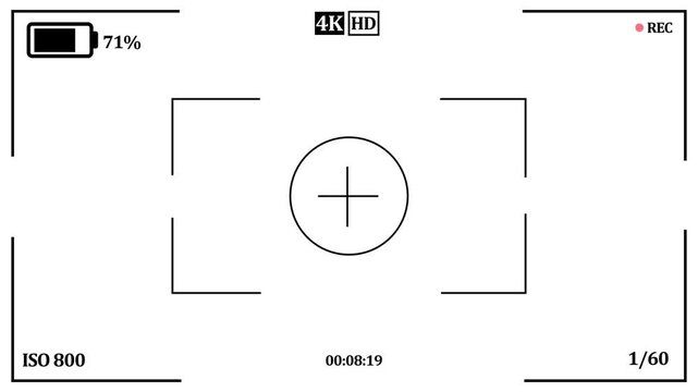 Camera frame. Video screen with rec, viewfinder. Background for record movie. Display with focus, time, battery for video graphy, surveillance. Template for photography, cinema.4K VIDEO
