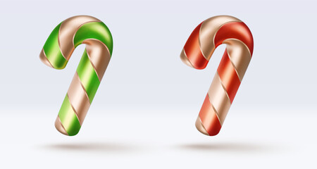 Set golden candy cane with red and green stripes and shadow. Christmas vector illustration for postcard, business card, decor, design, arts, party, sale, advertising
