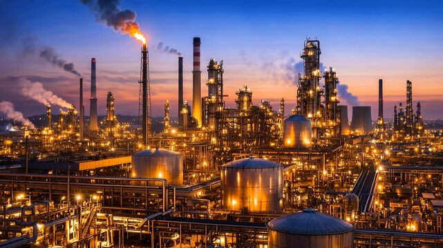 Heavy industrial plant glowing against twilight horizon. Oil refinery operations with active flare stack and steam emissions.
