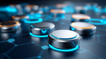 Abstract arrangement of polished metal components in geometric network, product launch presentation, UI/UX mockups design, data visualization dashboards, holographic interface elements,