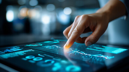 Hand pointing at interactive dashboard with analytics graphs charts, faceless gesture, large touchscreen display, data trends performance metrics, modern digital workspace, defocused
