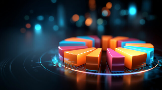 Vibrant 3D pie chart visualizing data analytics on futuristic dark digital background, neon glowing light, financial reporting concept, market analysis, business strategy dashboards, with - Powered by Adobe