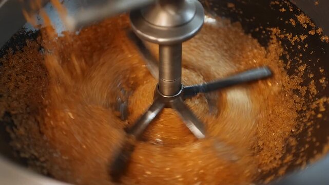 Industrial Food Mixer Blending Brown Granular Substance in Motion.