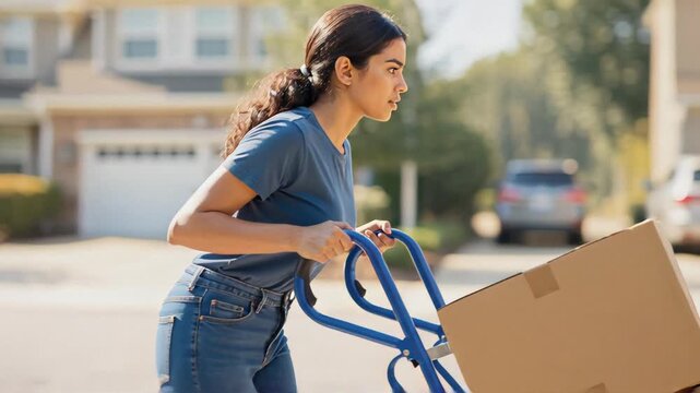 Young woman pushing a hand truck loaded with cardboard boxes. Moving day in a suburban neighborhood. Relocation and delivery concept