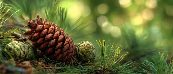 The Pinecones Resting on a Bed of Pine Needles in Sunlight