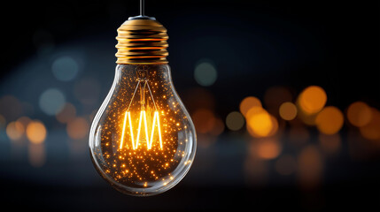Glowing lightbulb filament against dark backdrop symbolizing innovation, product launch presentation, UI/UX mockups design, data visualization dashboards, holographic interface elements,
