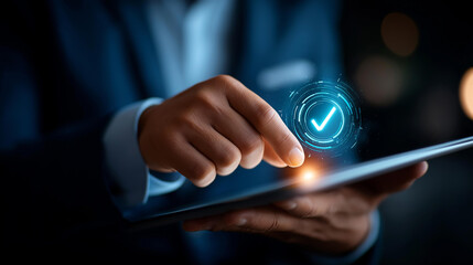 Business professional using tablet with glowing holographic interface, faceless user, verified checkmark data analytics display, quality assurance, successful project completion symbolism,