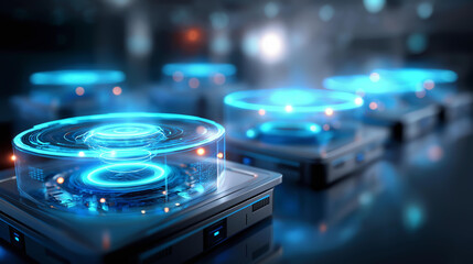 Futuristic AI data center with holographic displays and server racks, advanced technology visualization, artificial intelligence infrastructure, data processing facility, defocused