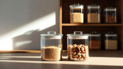 Glass storage jars with grains and nuts on kitchen counter  