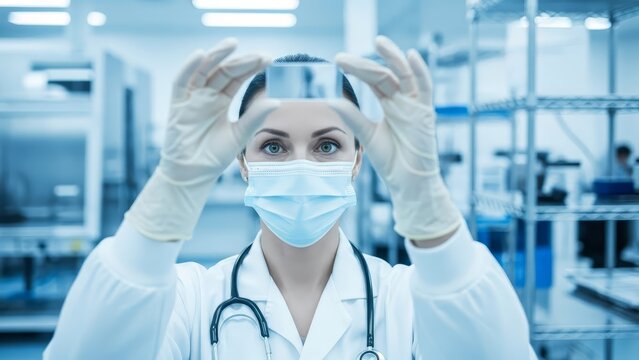 Serious female scientist in a lab coat and mask is carefully examining a cutting-edge flexible transparent display in a modern research laboratory. - Powered by Adobe