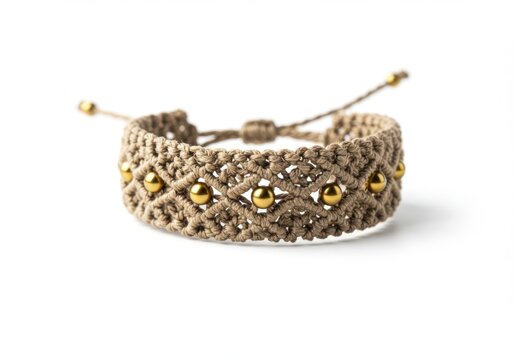 Intricately woven macrame bracelet in beige with metallic gold beads, adjustable with drawstring, representing handmade fashion.
