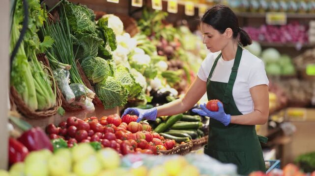 Supermarket employee carefully places ripe tomatoes on shelves of a grocery supermarket. High quality 4k footage