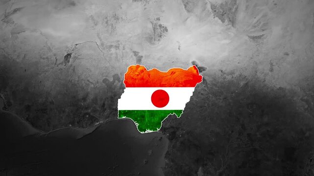 Niger flag superimposed on a grayscale map animation of central africa