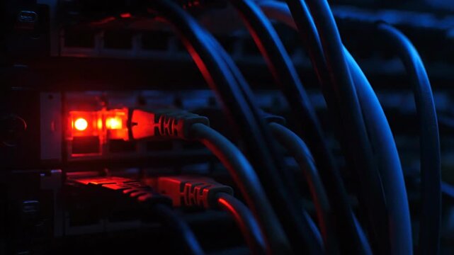 Connected network cables on server with red light, internet, connection, hardware, data center.