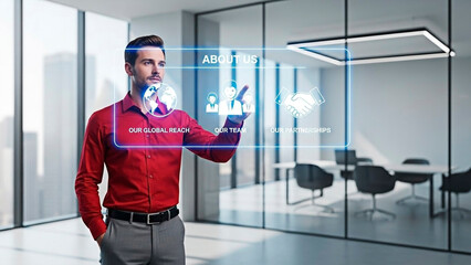 A businessman interacting with a virtual interface in a modern office space for the concept of technology and innovation.