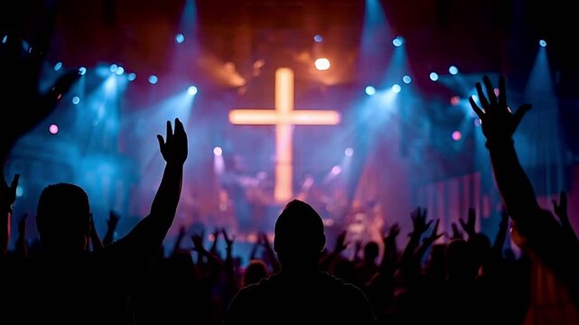 Large crowd of silhouetted people with their hands raised in worship and praise during a christian music event, singing in front of an illuminated cross on a brightly lit concert stage