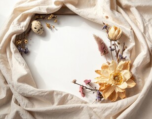 Natural composition with delicate dried flowers, a speckled egg, and soft beige fabric arranged on a clean white background for a serene display