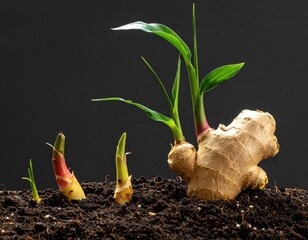 Several ginger roots are seen sprouting and thriving in the rich dark soil, illustrating the clear progression of growth from small tender green shoots to a mature plant