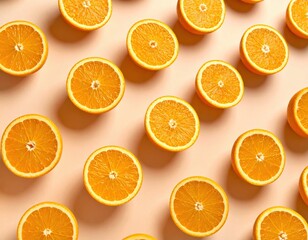 Many vibrant and freshly cut juicy orange halves are neatly arranged in a delightful pattern on a light background, showcasing their natural beauty and healthy qualities