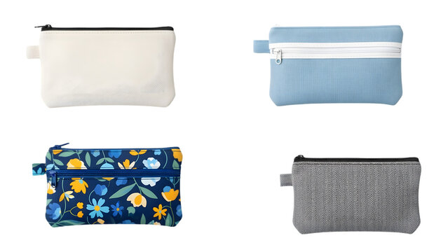 Four small zippered pouches of different colors and designs arranged in a square pattern, perfect for storing small items
