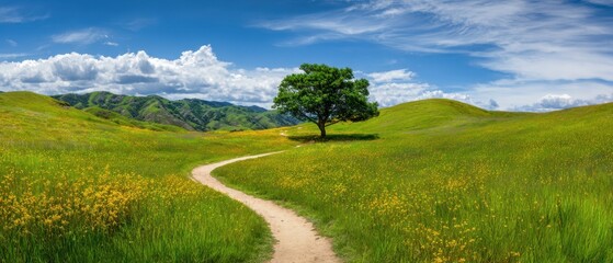 The Lone Tree on a Winding Path Through Rolling Green Hills and Wildflowers