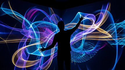 A silhouetted figure stands in a darkened room, with hands raised, seemingly interacting with the vibrant and flowing digital light display projected onto the walls.