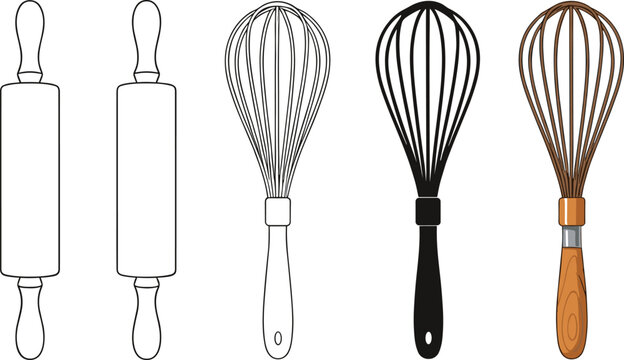 Kitchen baking utensil icon set featuring rolling pins and whisks in outline, solid, and colored styles for culinary designs