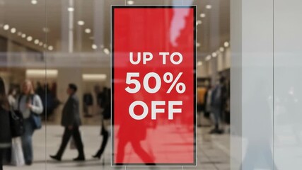 A vibrant promotional display featuring a bold 'Up To 50% Off' sign, set against the backdrop of a busy shopping mall filled with diverse shoppers.