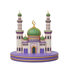 Illustrated mosque with multiple minarets isolated on transparent background