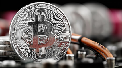 Bitcoin coin on electronic circuit board representing cryptocurrency, blockchain finance, and digital payments.
