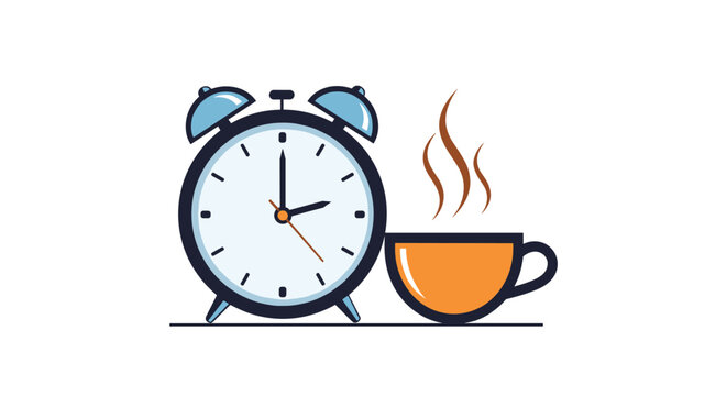 Morning routine illustration featuring a classic blue alarm clock showing three o clock next to a steaming hot cup of coffee or tea.